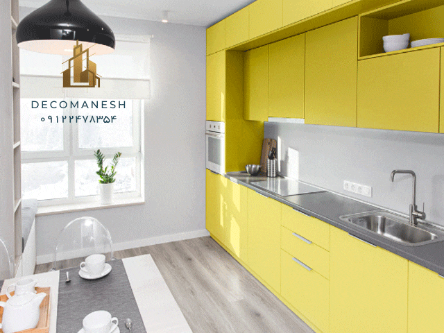 کابینت آشپزخانه طرح پله ای با رنگ زرد